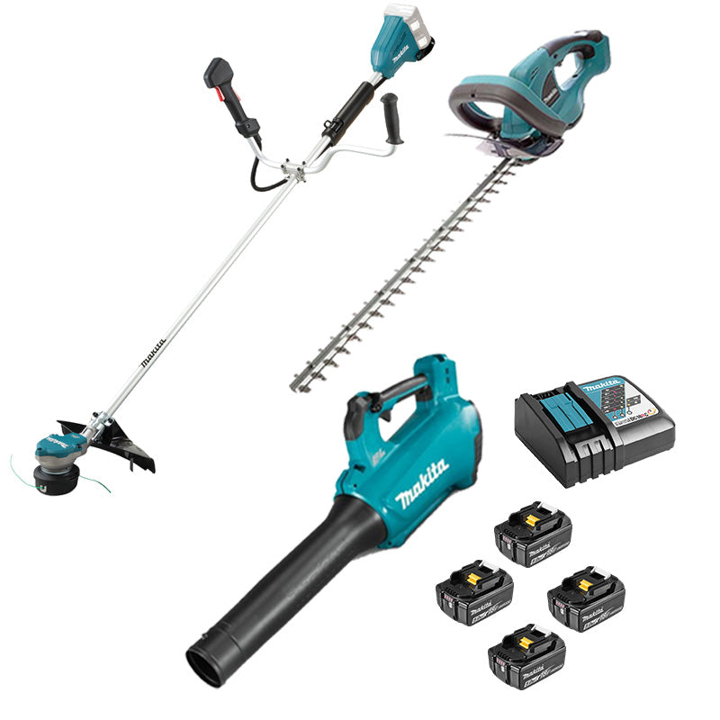 DLXRT04 MAKITA – Pack de 3 outils de jardin 18V LXT (DUR368AZ + DUH523Z + DUB184Z + 4 x 5 Ah + DC18RC)