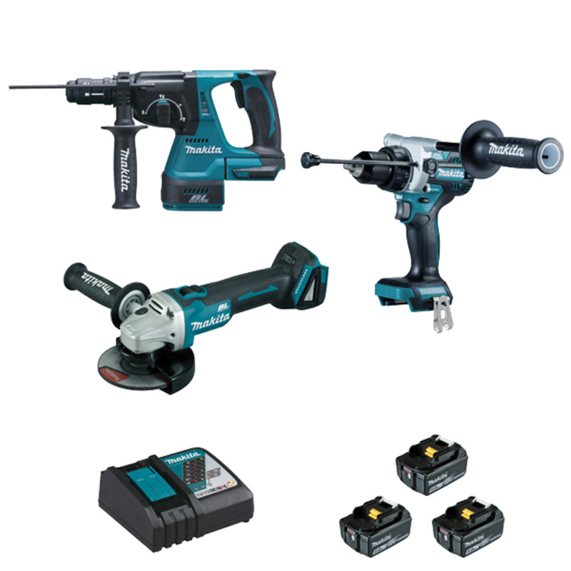 Pack de 3 outils MAKITA DLX3157TJ (DDF486 + DHR243 + DGA506 + BL1850×3 + chargeur DC18RC + MAK2&4)