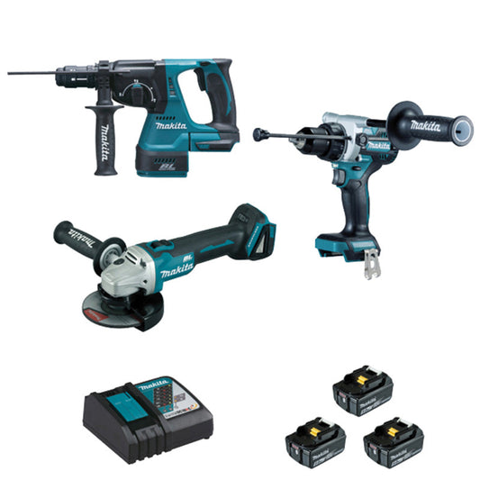 Pack de 3 outils MAKITA DLX3157TJ (DDF486 + DHR243 + DGA506 + BL1850×3 + chargeur DC18RC + MAK2&4)