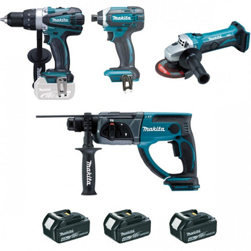 Pack de 4 outils MAKITA DLX4054MX1 (DF458 + GA452 + HR202 + TD152 + 3 batteries BL1840B + chargeur DC18RC + sac à outils)