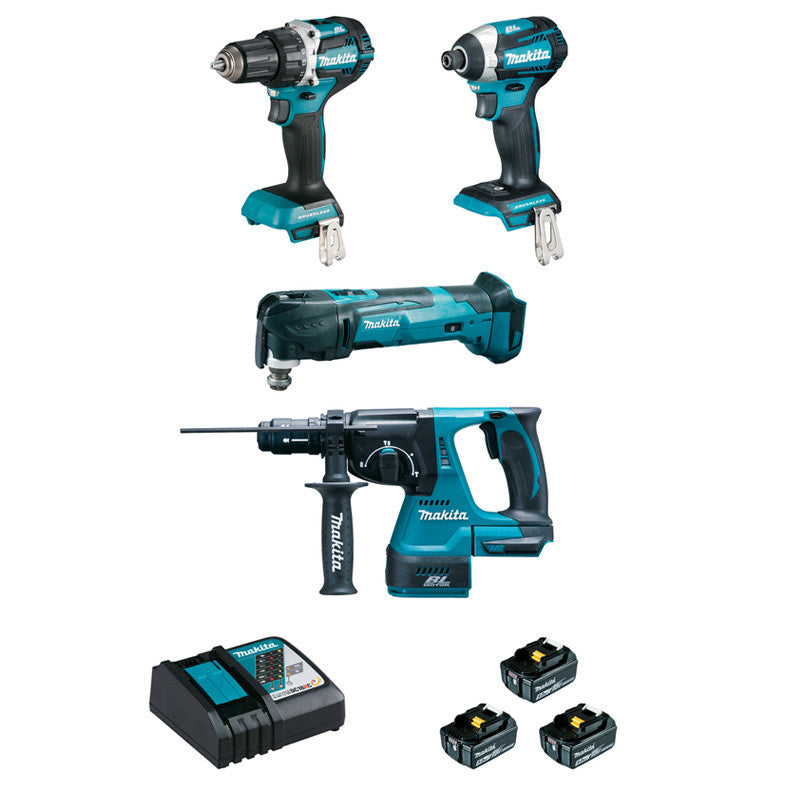 Pack de 4 machines 18V Li-Ion MAKITA DLX4109TJ 5 Ah (DDF484 + DTD154 + DHR243 + DTM51)