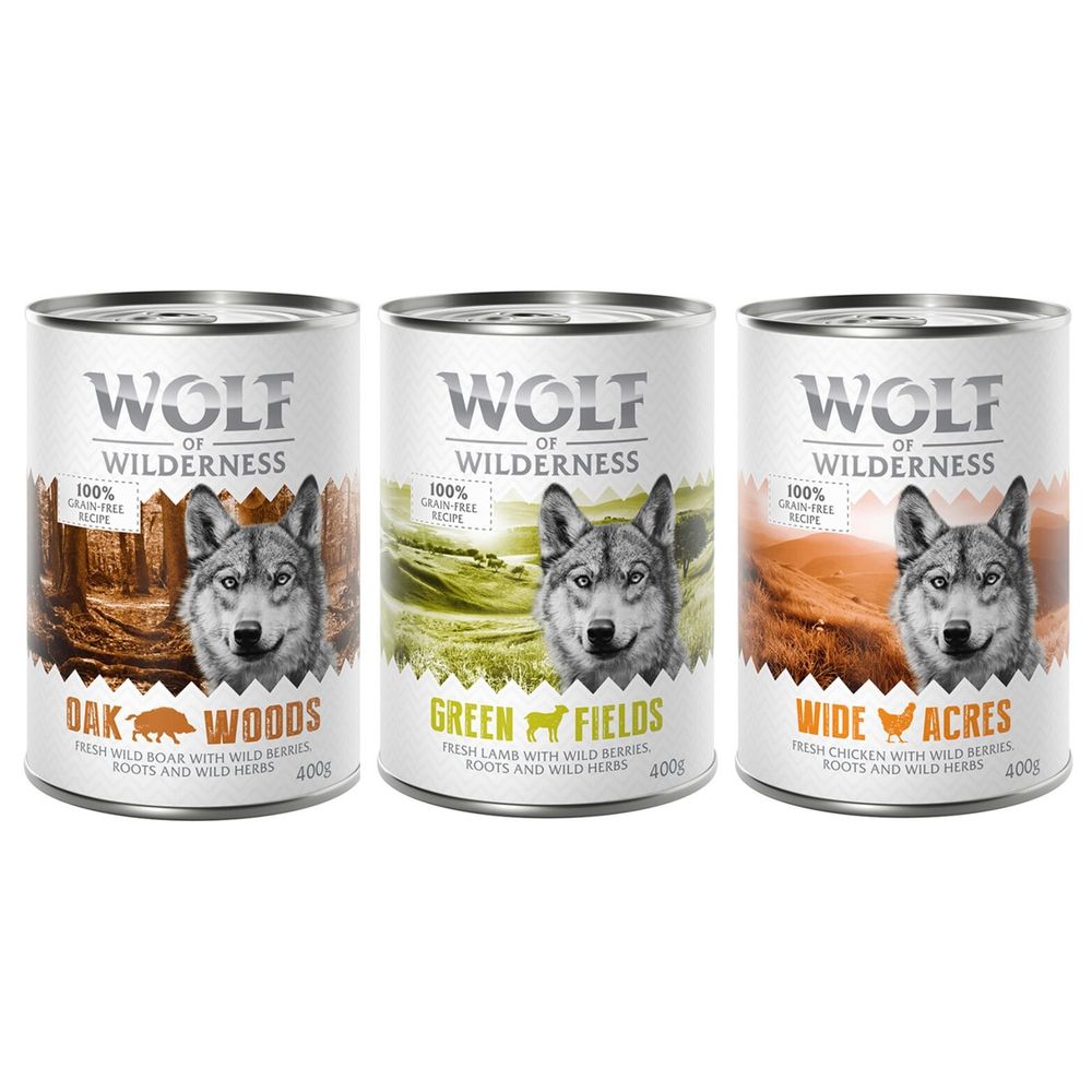 Wolf of Wilderness Adult – lot mixte agneau, sanglier et poulet – 6 x 400 g