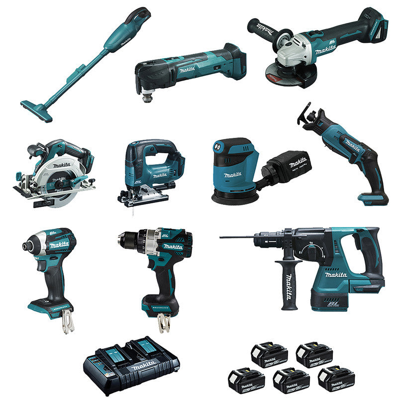 Pack de 10 outils MAKITA LOT0309 18V – 5 x 5,0 Ah (DCL180 - DHP486 - DTD154 - DGA506 - DHS680 - DHR243 - DTM51 - DJR183 - DJV182 - DBO180)